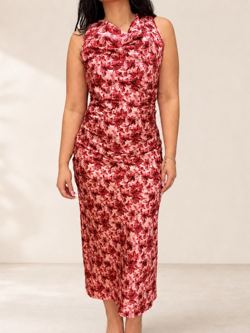 Bebe Floral Satin Cowl Neck Ruched Midi Dress Size S